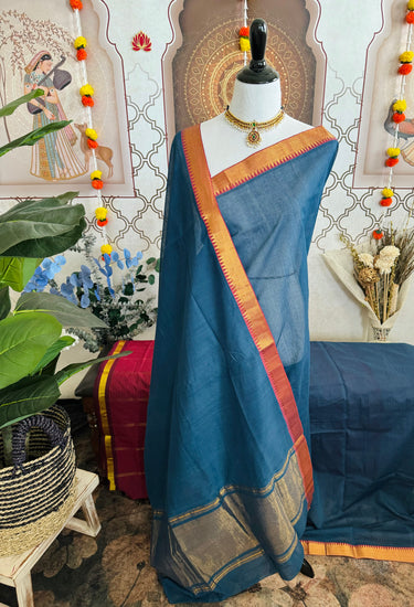 Handwoven Mangalgiri Cotton Saree | Blue | Gold Zari | Handwoven | Ships from California